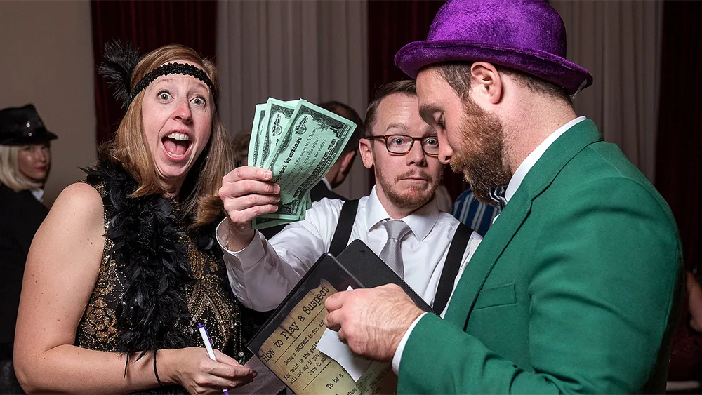Guests enjoying a Los Angeles murder mystery party